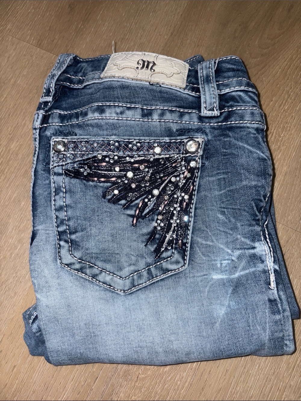 Miss Me Skinny Jeans with Jeweled Pocket - Blue
